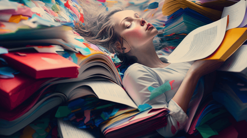woman overwhelmed by many script pages
